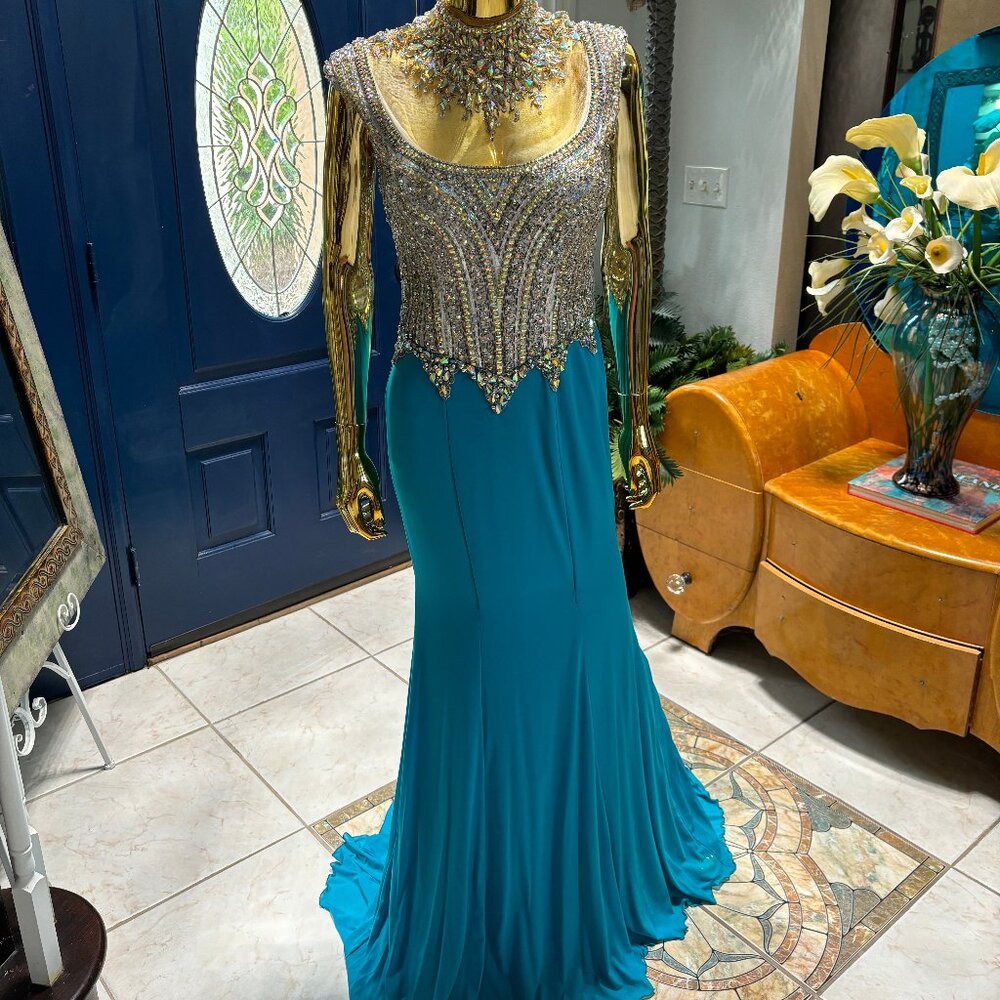 Turquoise Crystal Beaded Prom Dress Size 8 | High Neck Formal Gown Mermaid